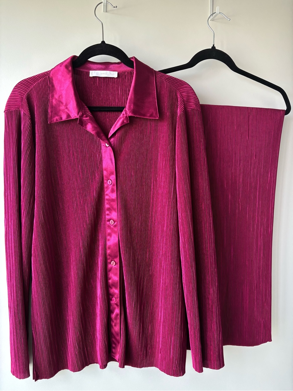 Mango Deep Magenta Pleated Satin-Trim Button-Down Shirt